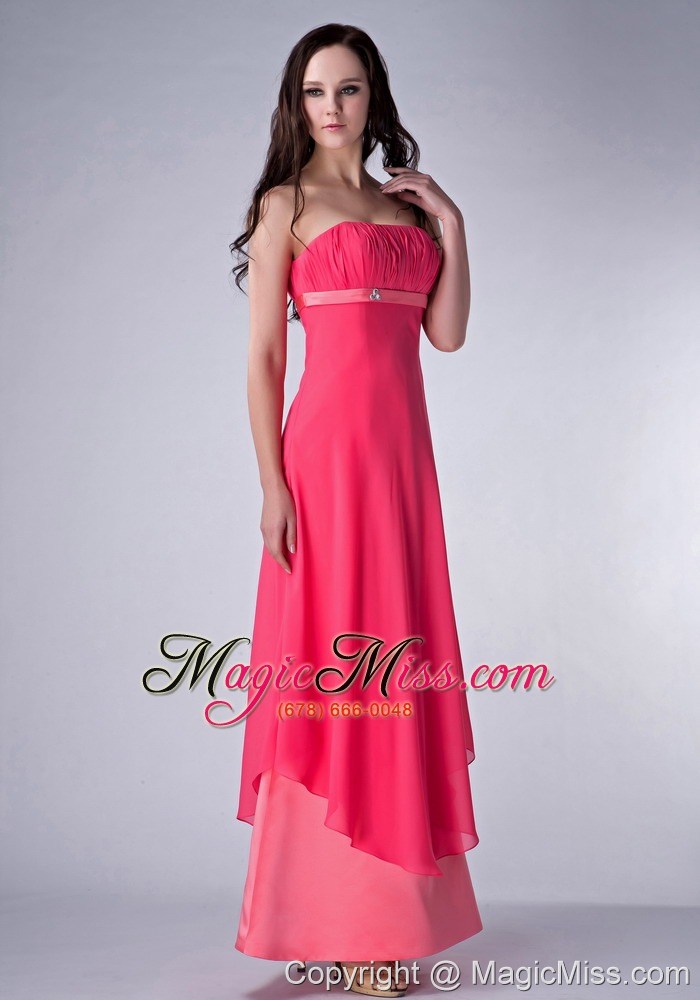 wholesale red and watermenlon column strapless ankle-length chiffon and satin ruch bridesmaid dress