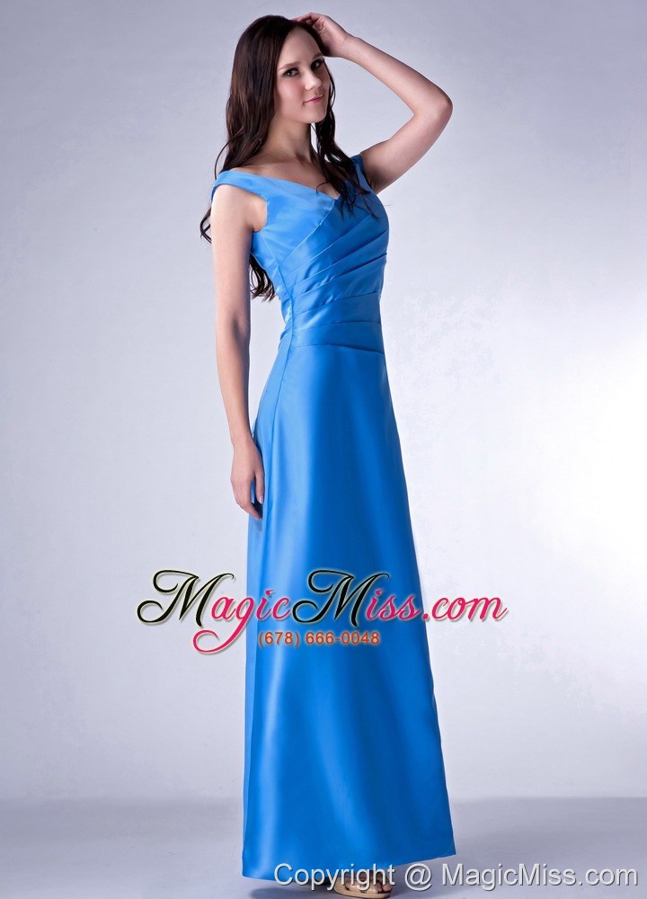 wholesale blue cloumn v-neck ankle-length taffeta ruch bridesmaid dress