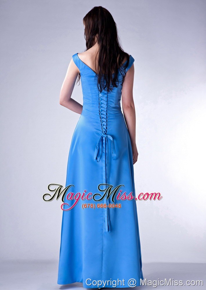 wholesale blue cloumn v-neck ankle-length taffeta ruch bridesmaid dress