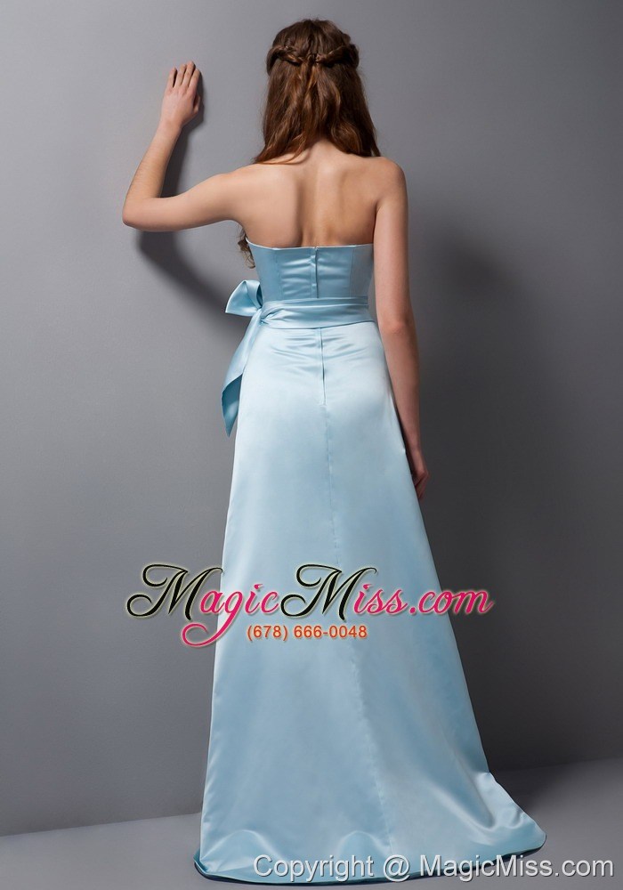 wholesale baby blue column strapless brush train satin bow bridesmaid dress
