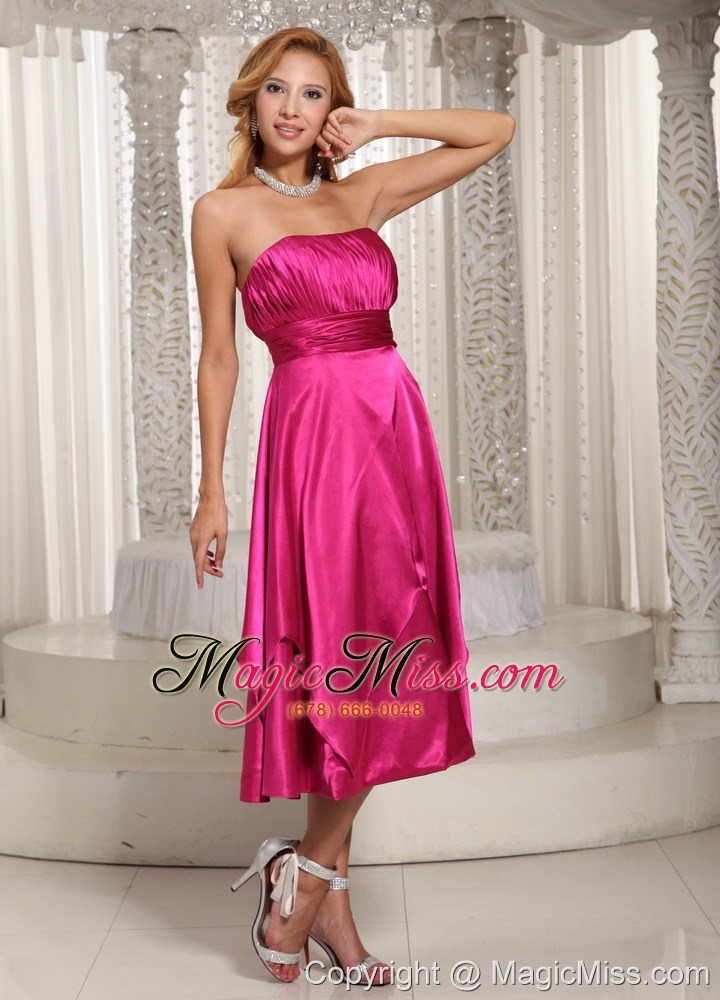 wholesale hot pink ruched bodice tea-length simple bridesmaid dress for wedding party