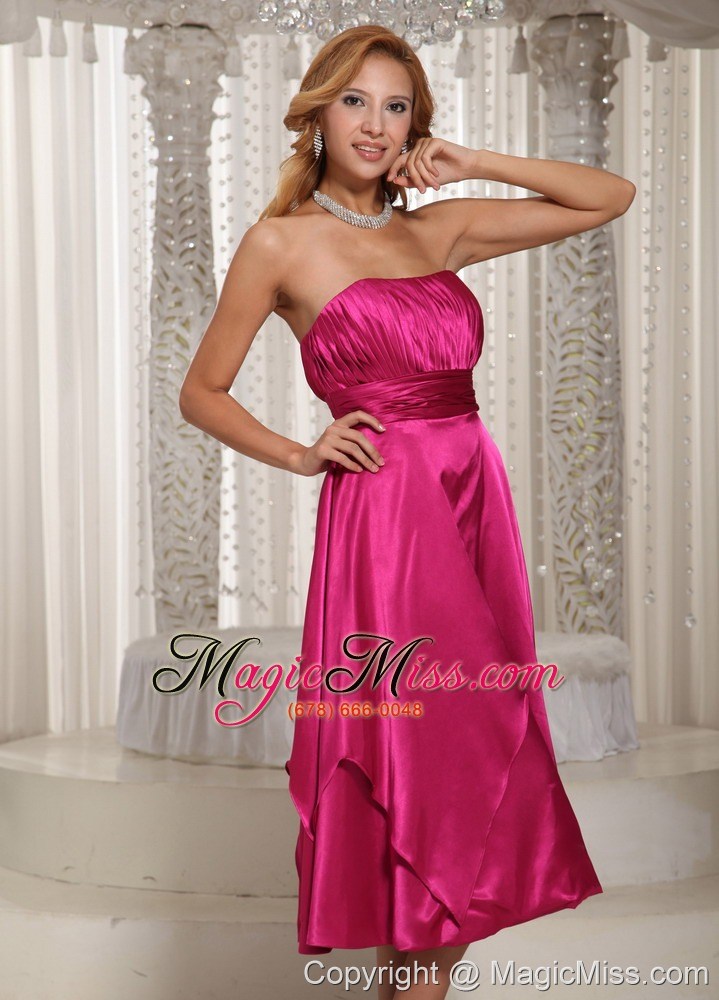 wholesale hot pink ruched bodice tea-length simple bridesmaid dress for wedding party