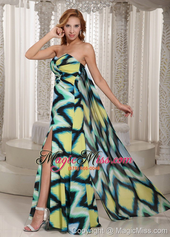 wholesale multi-color printing chiffon high slit watteau train sweetheart prom dress