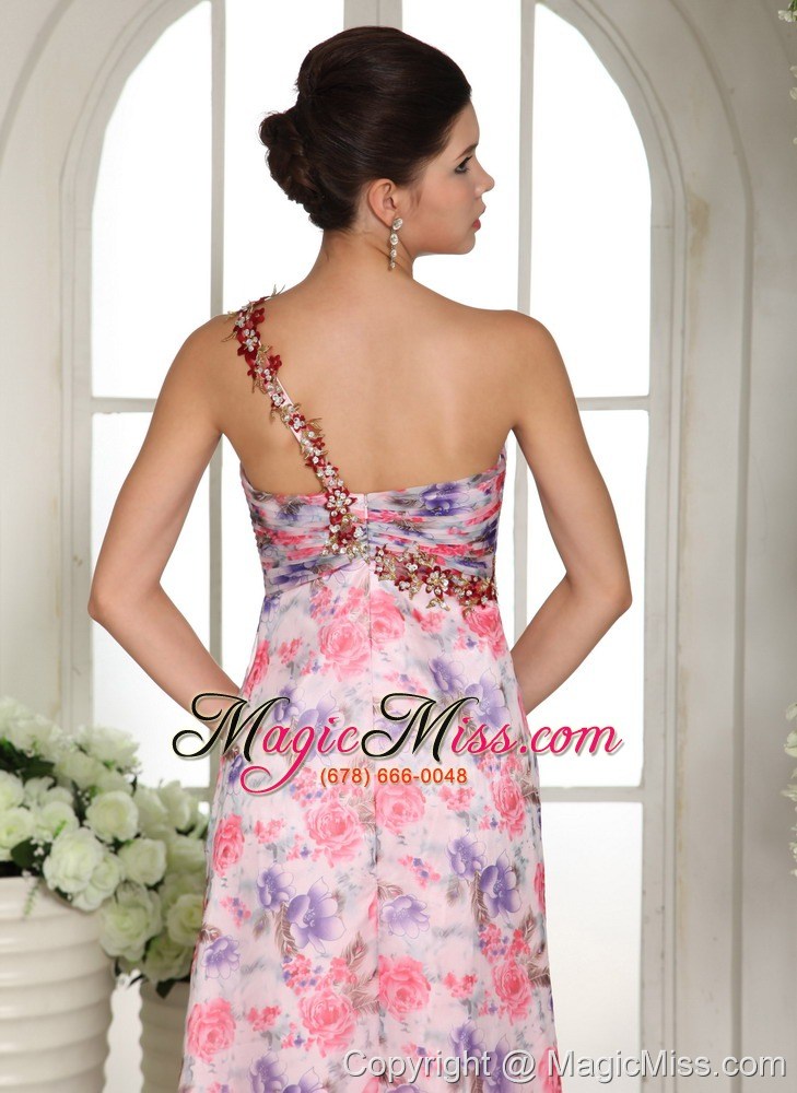 wholesale beaded decorate one shoulder printing chiffon prom dress for custom made in gardiner