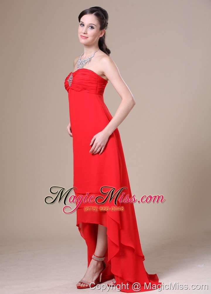 wholesale red high-low ruched decorate bust for 2013 prom dress in olympia with beading
