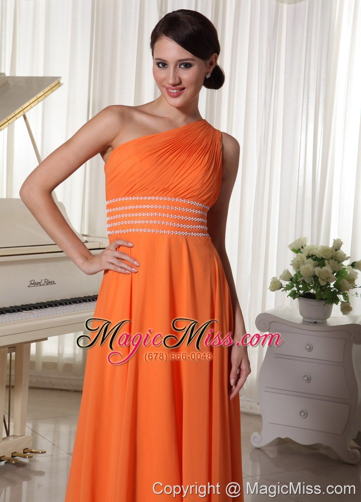 wholesale orange chiffon one shoulder prom dress with ruch and beaded decorate waist brush train