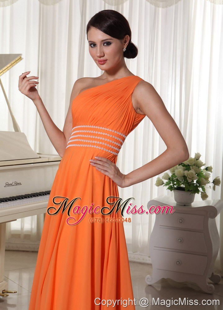 wholesale orange chiffon one shoulder prom dress with ruch and beaded decorate waist brush train