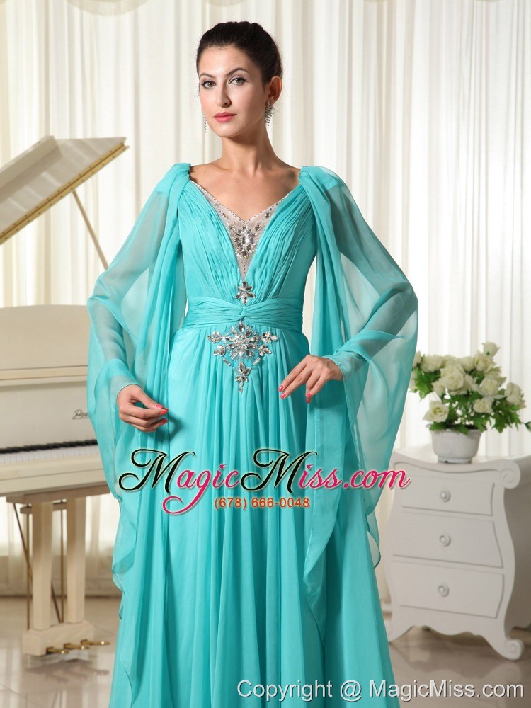 wholesale long sleeves v-neck turquoise chiffon wonderful prom dress with appliques and beading