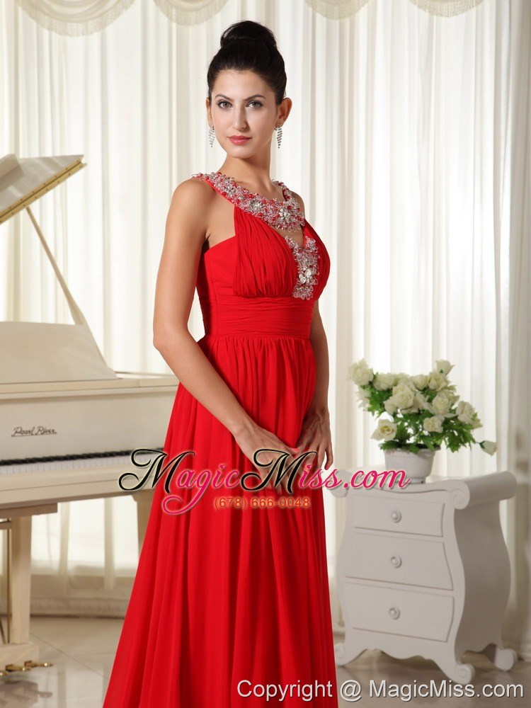 wholesale beaded decorate scoop red evening dress modest brush train for custom made