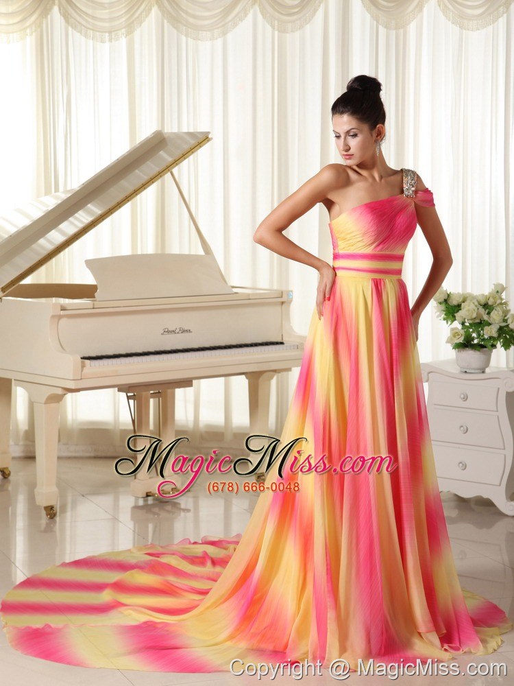 wholesale ombre color chiffon beaded decorate shoulder prom dress with court train texas
