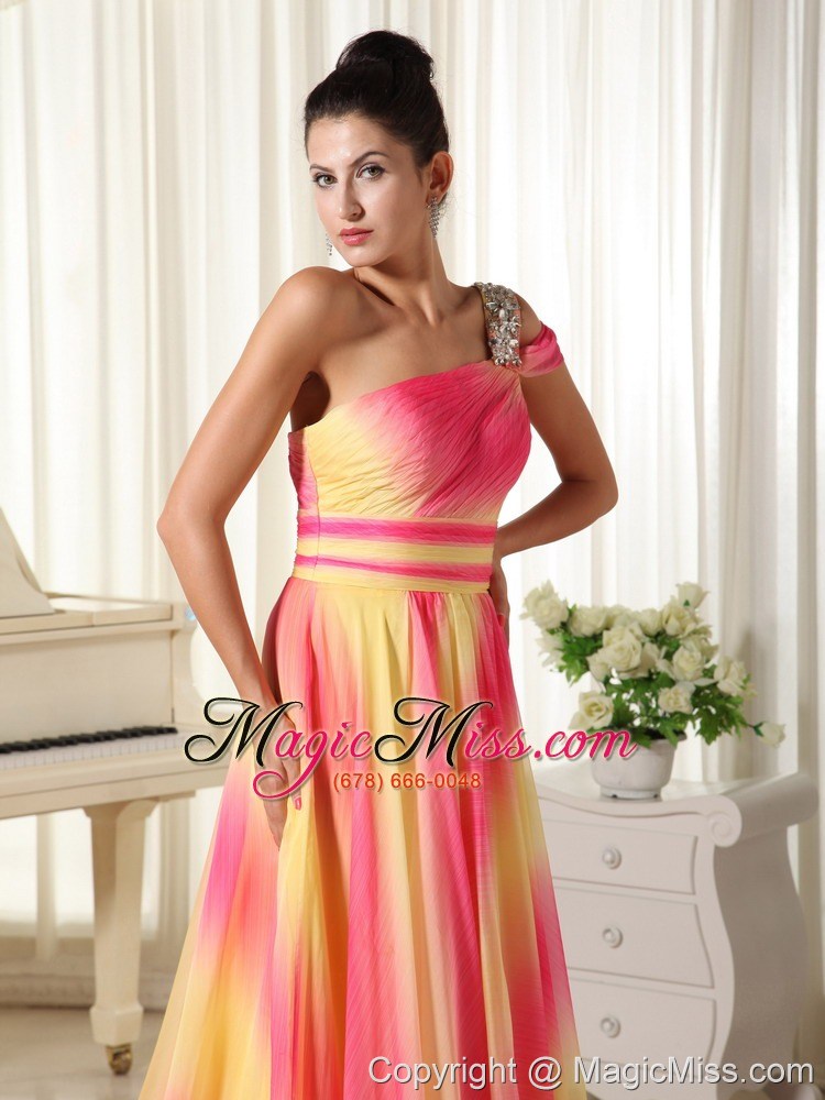 wholesale ombre color chiffon beaded decorate shoulder prom dress with court train texas