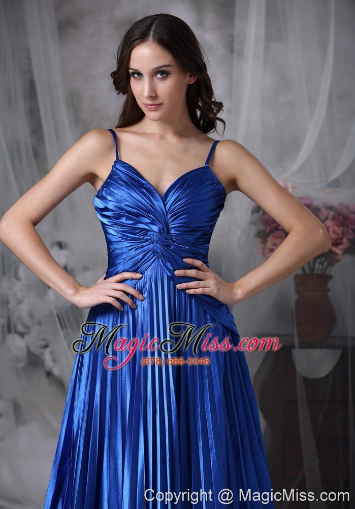 wholesale custom made royal blue a-line straps evening dress elastic woven satin ruch floor-length