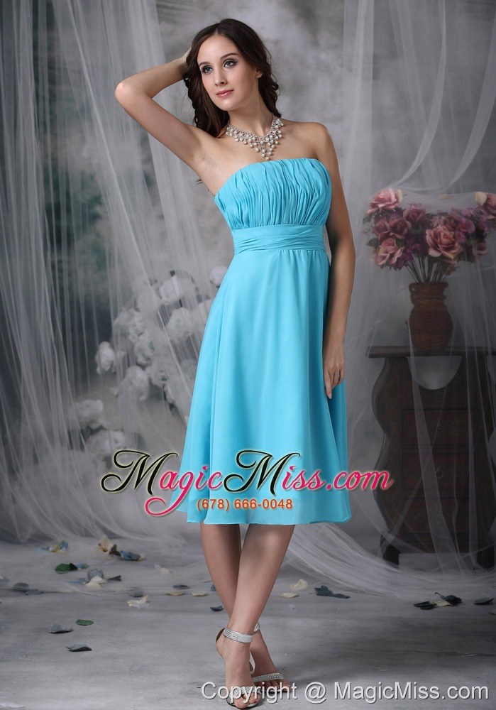wholesale aqua blue empire strapless knee-length chiffon ruch prom dress