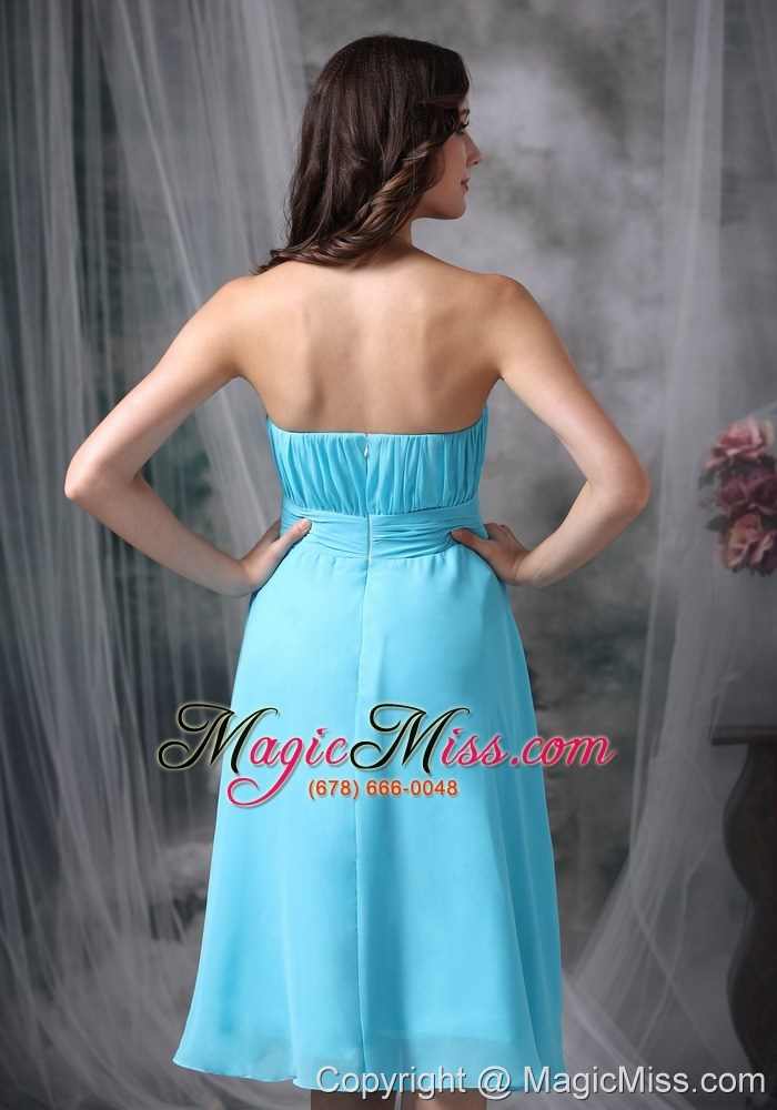 wholesale aqua blue empire strapless knee-length chiffon ruch prom dress