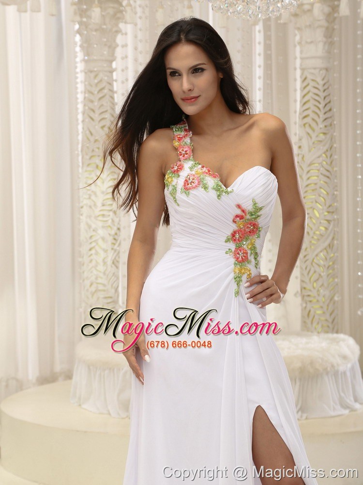 wholesale appliques decorate shoulder ruched bodice high slit for prom dress in washington