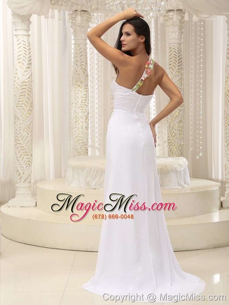wholesale appliques decorate shoulder ruched bodice high slit for prom dress in washington