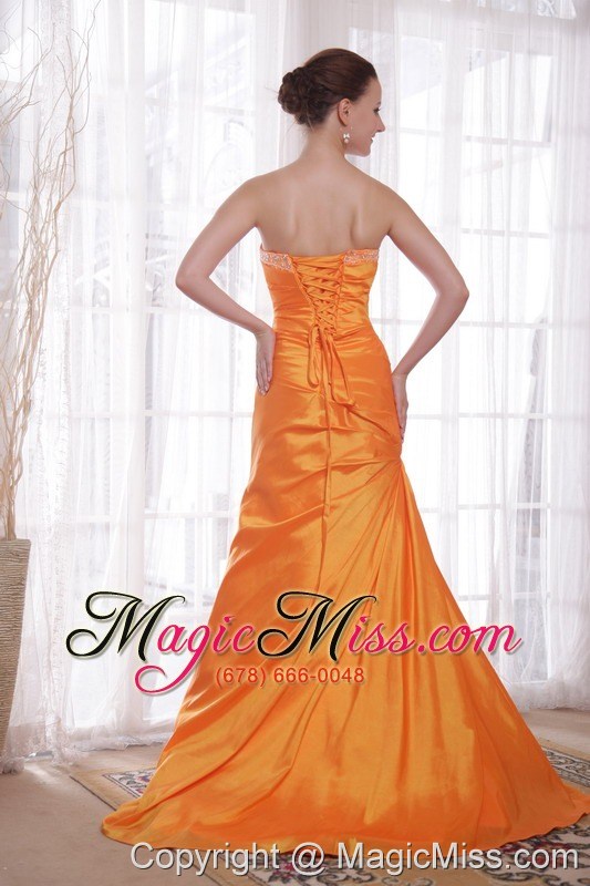 wholesale orange column / sheath strapless sweep / brush train taffeta beading prom dress