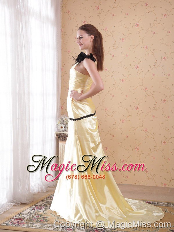 wholesale light yellow column / sheath one shoulder floor-length elastic woven satin ruch prom dress