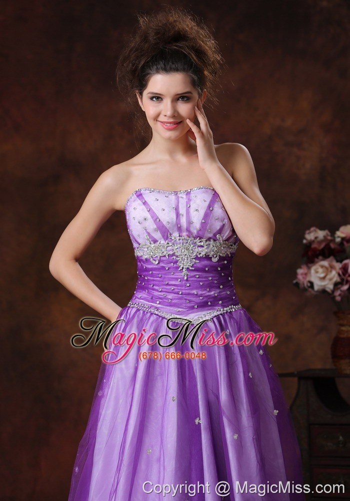wholesale beaded decorate shoulder tulle strapless lavender prom dress
