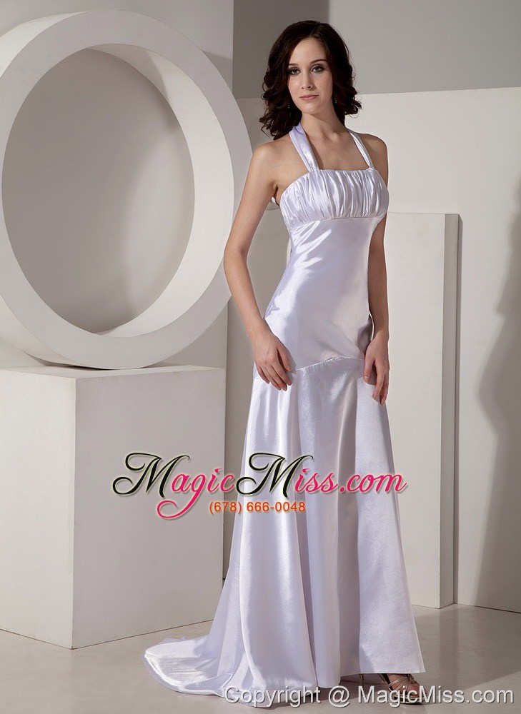 wholesale modest white halter top watteau train prom dress