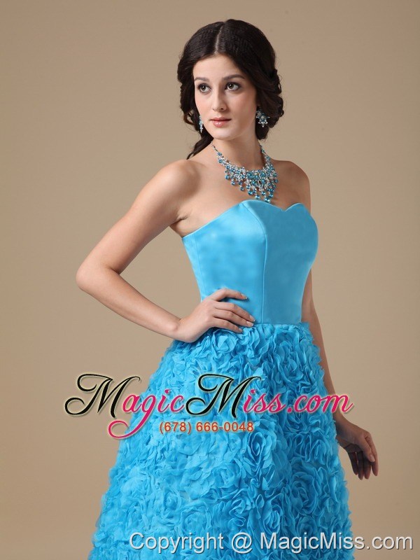 wholesale teal a-line strapless floor-length fabric with rolling flower prom dress