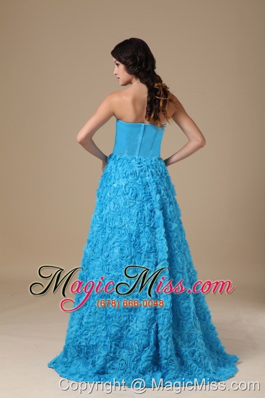 wholesale teal a-line strapless floor-length fabric with rolling flower prom dress