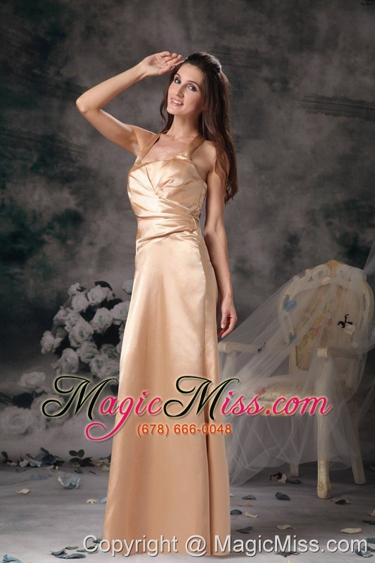 wholesale elegant champagne column bridesmaid dress halter satin ruch floor-length