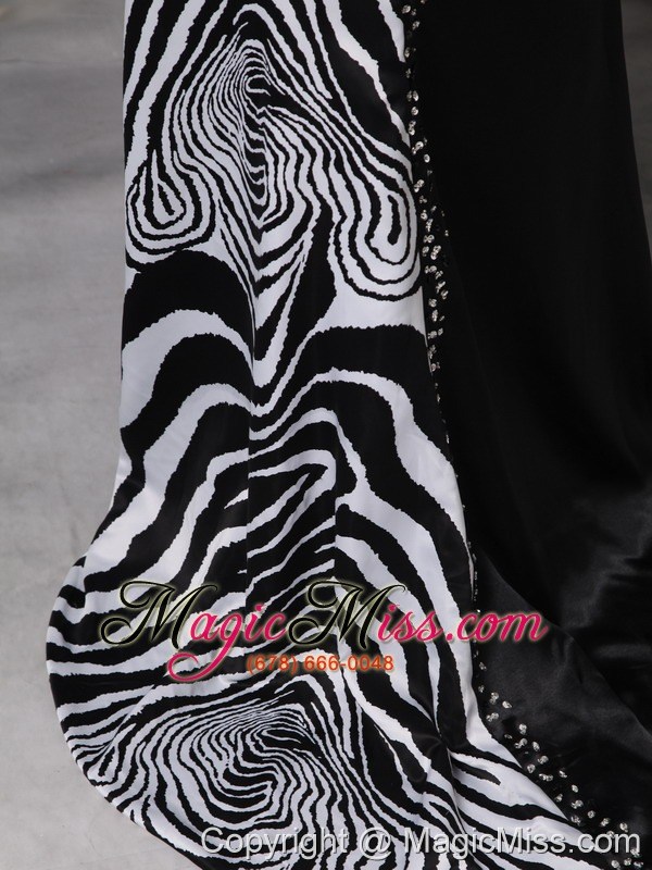 wholesale luxurious black column prom dress strapless brush train satin and zebra beading