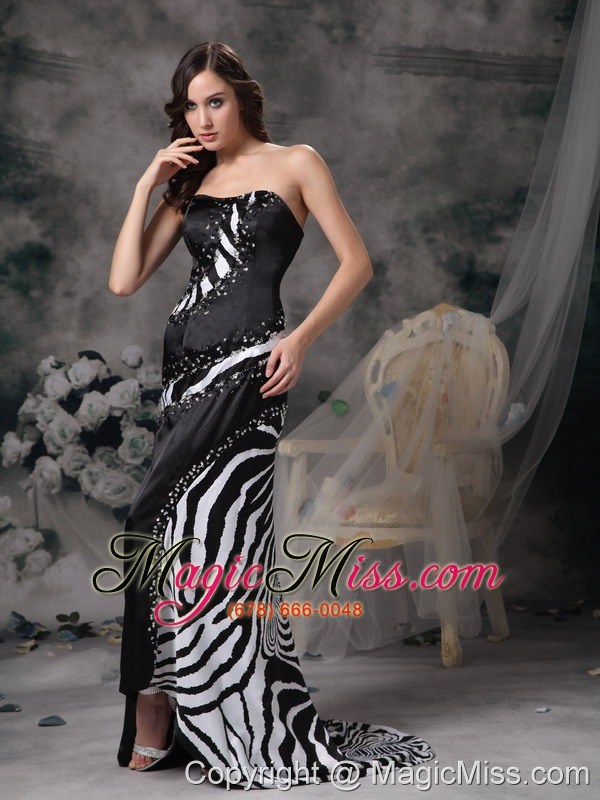 wholesale luxurious black column prom dress strapless brush train satin and zebra beading