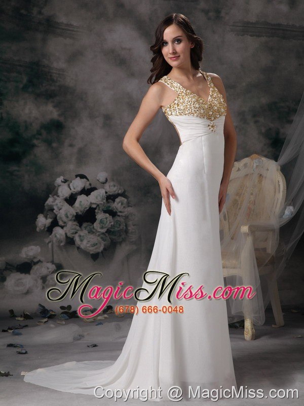 wholesale modest column v-neck wedding dress chiffon beading brush train