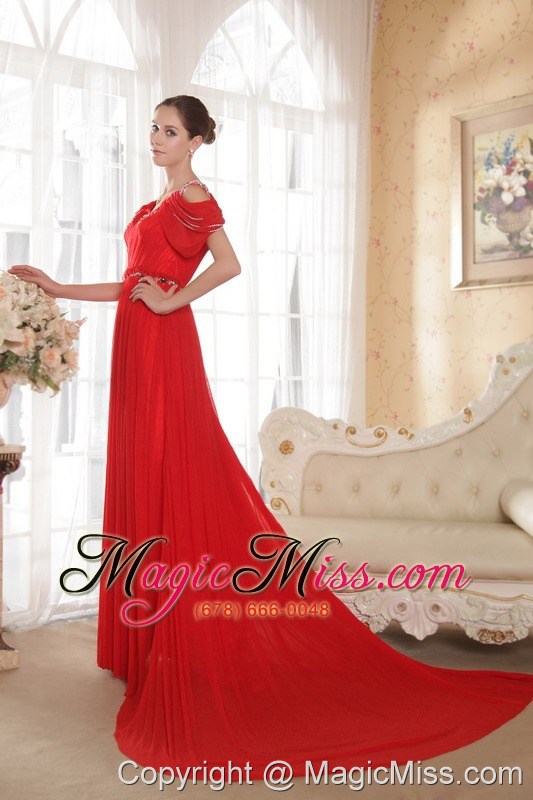 wholesale red empire v-neck chapel train chiffon beading prom dress