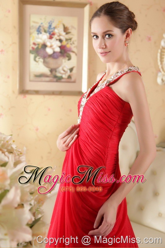 wholesale red column halter chapel train chiffon beading and ruch prom dress
