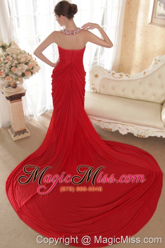 wholesale red column halter chapel train chiffon beading and ruch prom dress