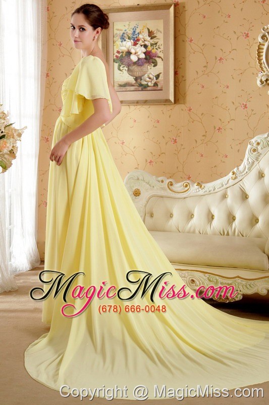 wholesale yellow column / sheath one shoulder court train chiffon beading and ruch prom / evening dress