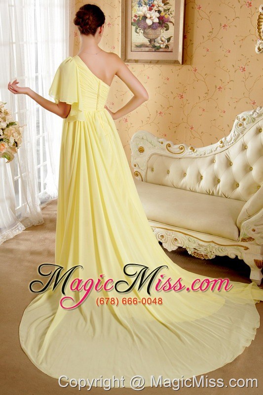 wholesale yellow column / sheath one shoulder court train chiffon beading and ruch prom / evening dress