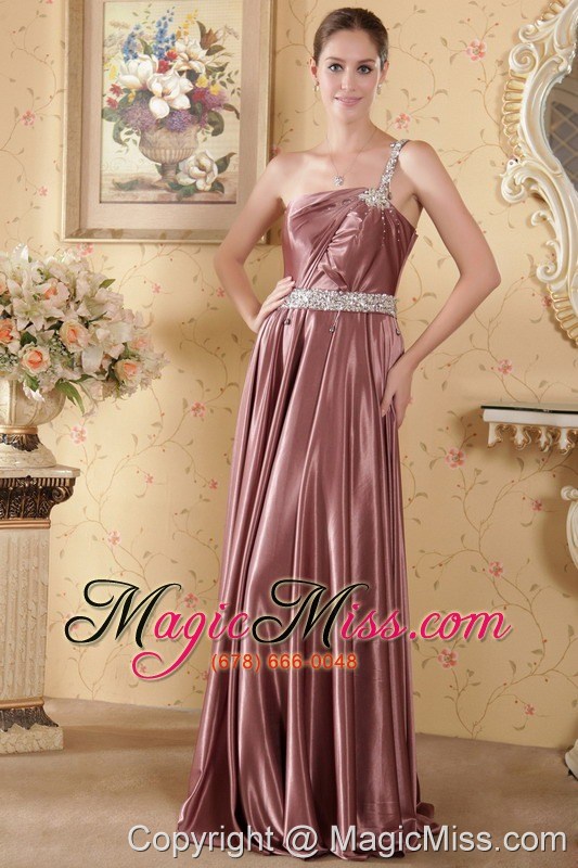 wholesale elegant empire one shoulder brush train elastic woven satin beading and ruch prom / graduation dress
