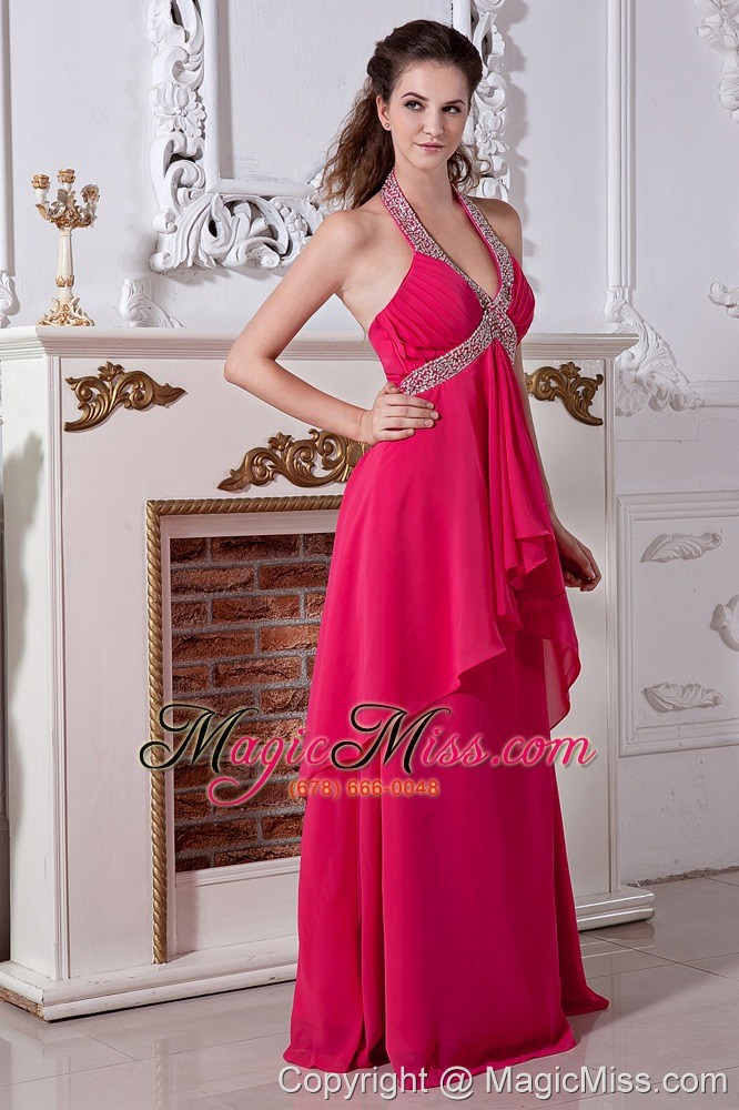 wholesale hot pink empire halter top chiffon prom dress with beading