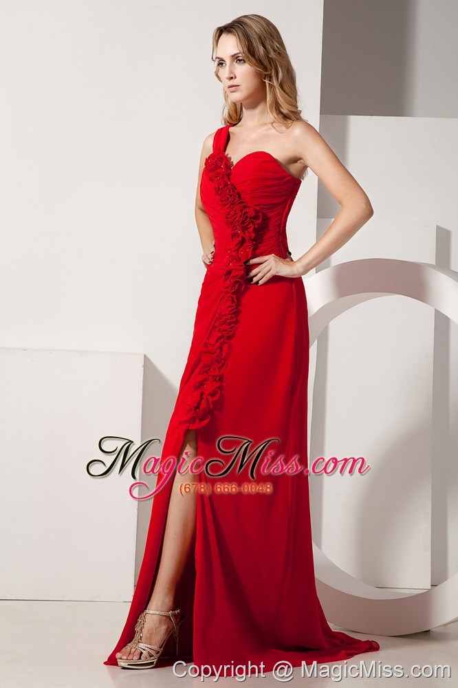 wholesale red empire one shoulder hand made flowers prom / evening dress brush train chiffon