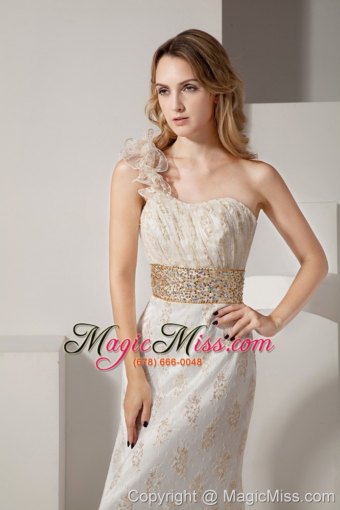 wholesale white column one shoulder floor-length taffeta and lace beading prom dress
