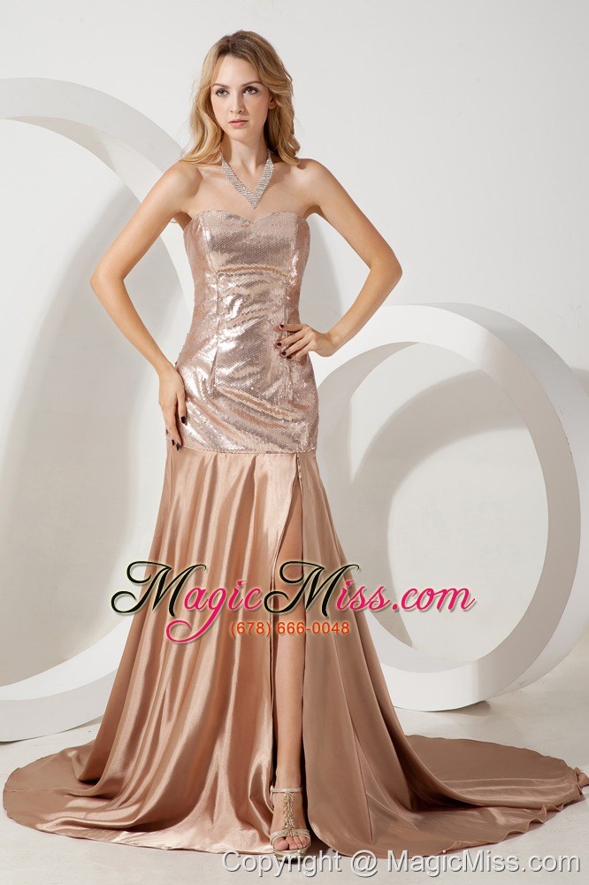 wholesale champagne empire sweetheart court train sequin and elastic woven satin prom / evening dress