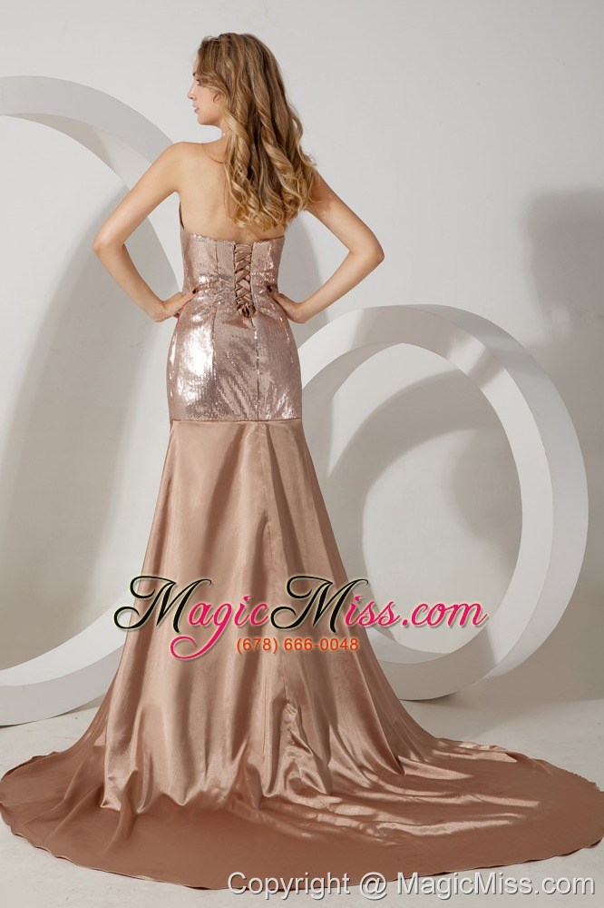 wholesale champagne empire sweetheart court train sequin and elastic woven satin prom / evening dress