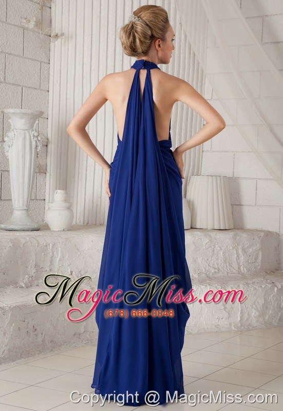 wholesale blue column halter watteau train chiffon ruch prom / evening dress