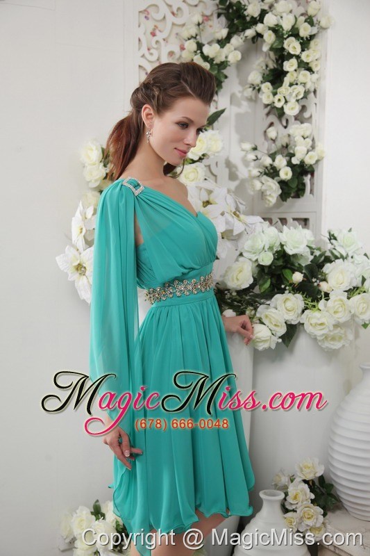 wholesale turquoise empire one shoulder knee-lengtht chiffon beading bridesmaid dress