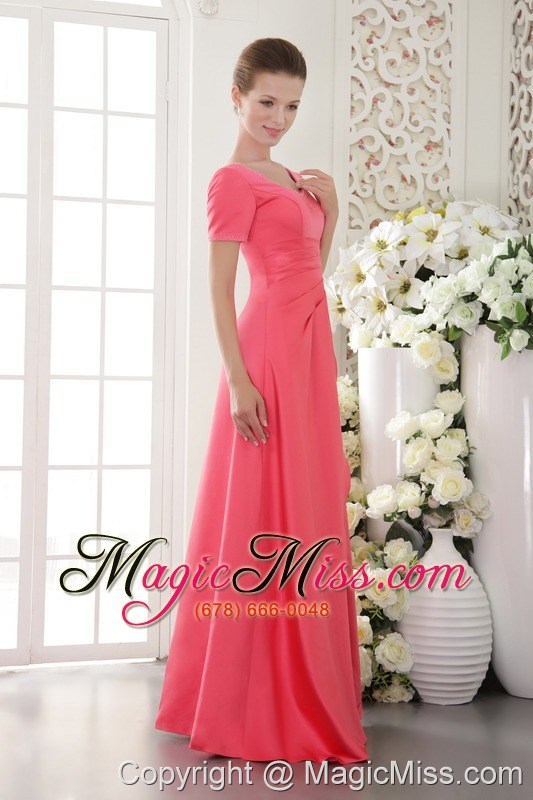 wholesale coral red column / sheath scoop floor-length satin beading prom dress