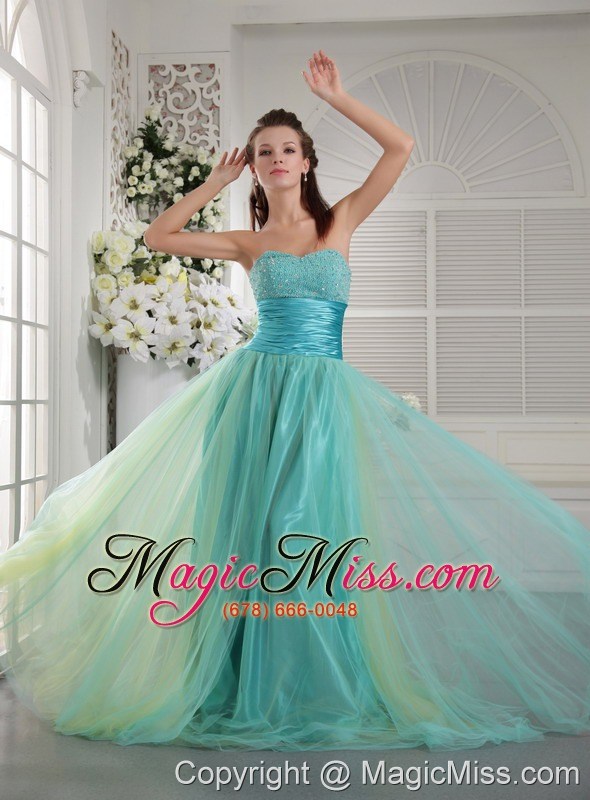 wholesale aqua blue princess sweetheart brush train tulle beading prom / graduation dress