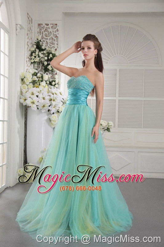 wholesale aqua blue princess sweetheart brush train tulle beading prom / graduation dress