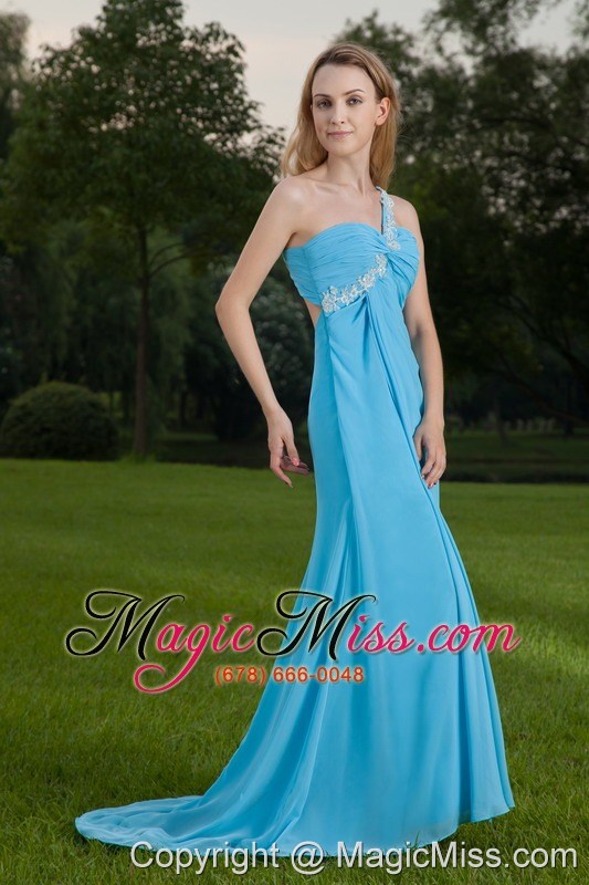 wholesale baby blue empire one shoulder brush train chiffon appliques and ruch prom / celebrity dress