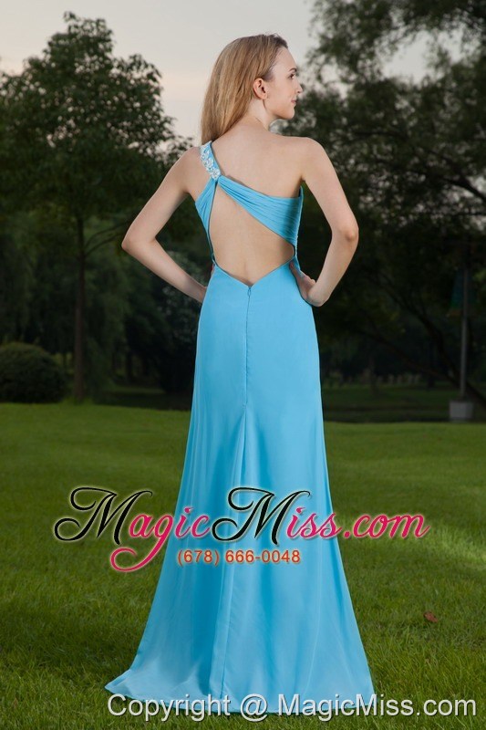wholesale baby blue empire one shoulder brush train chiffon appliques and ruch prom / celebrity dress