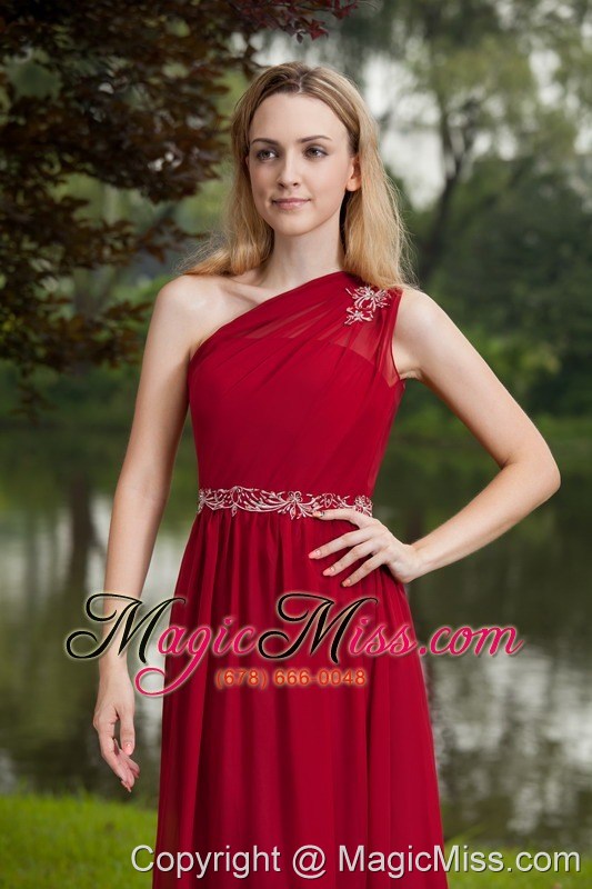 wholesale wine red empire one shoulder floor-length chiffon beading prom dress