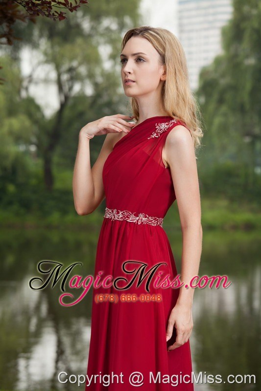 wholesale wine red empire one shoulder floor-length chiffon beading prom dress